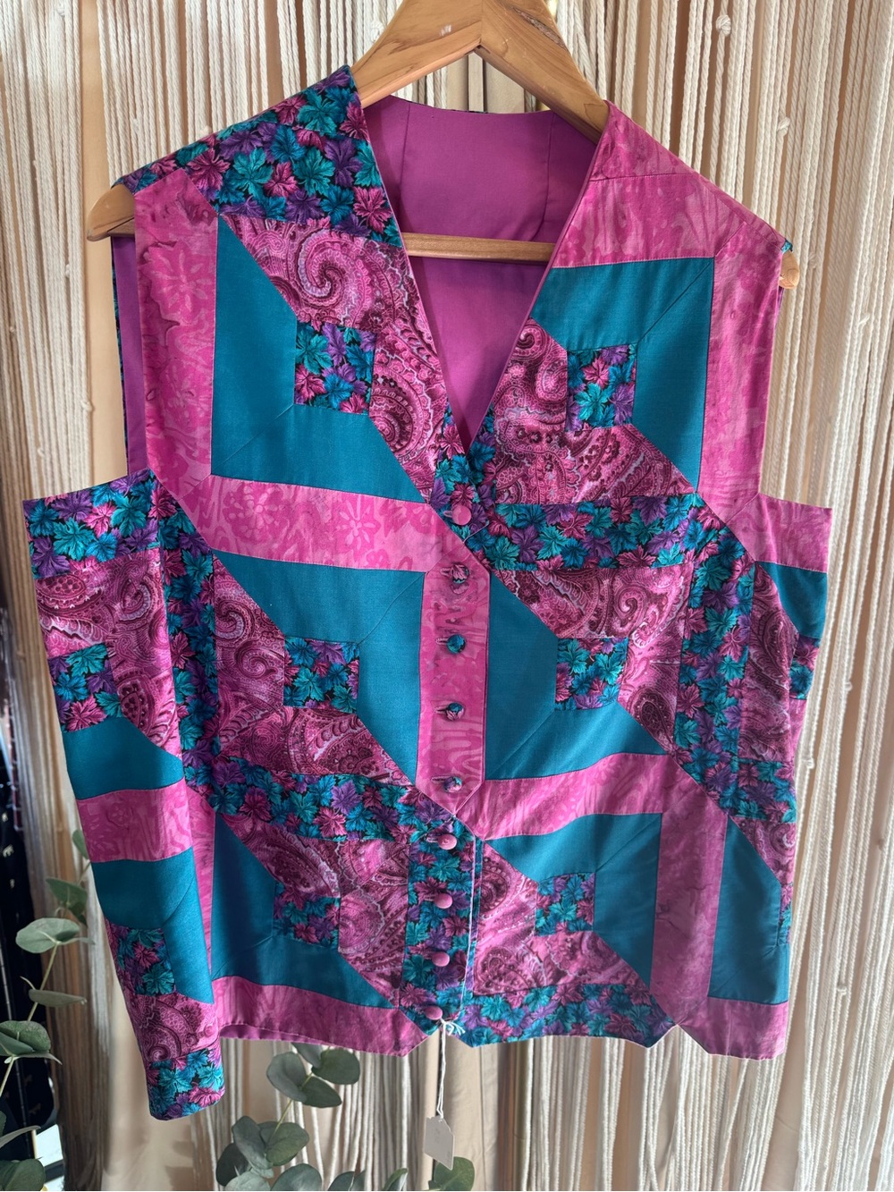 Vintage Patchwork Vest waistcoat Fuchsia Teal batik floral retro wearable art XL